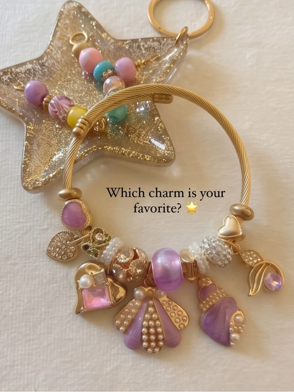 Gold & Purple Coastal Charm Bangle Bracelet